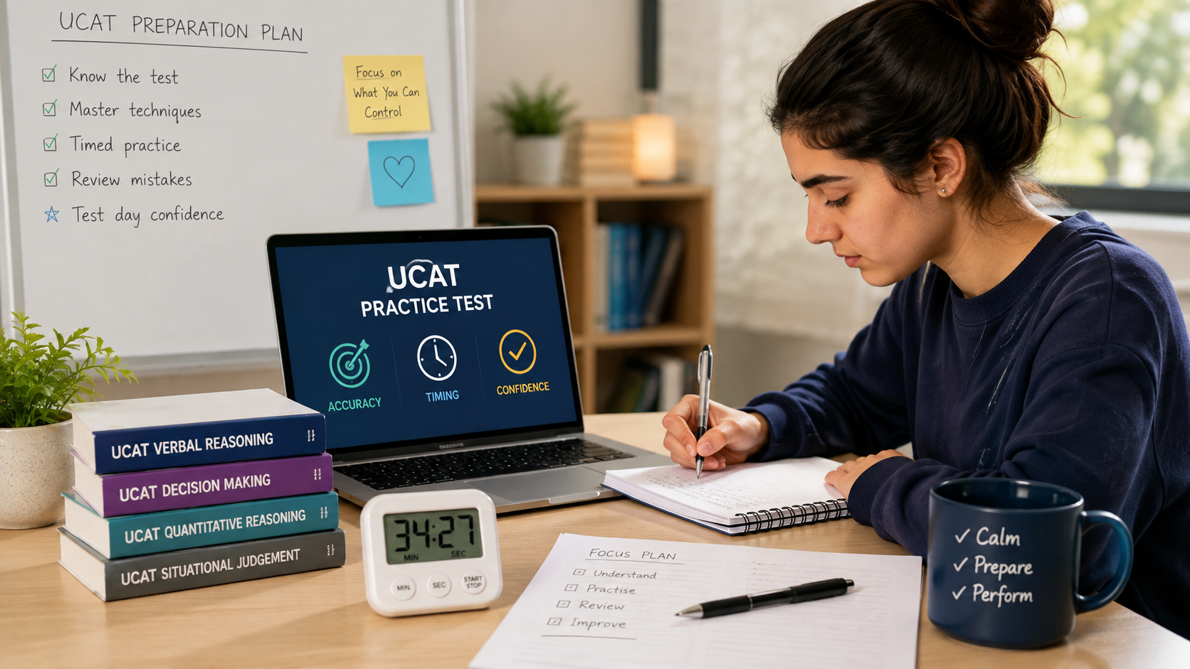 Student preparing for the UCAT with timed practice and study notes