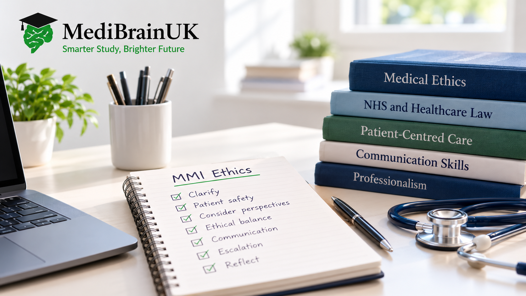 Study desk for preparing for MMI medical ethics questions