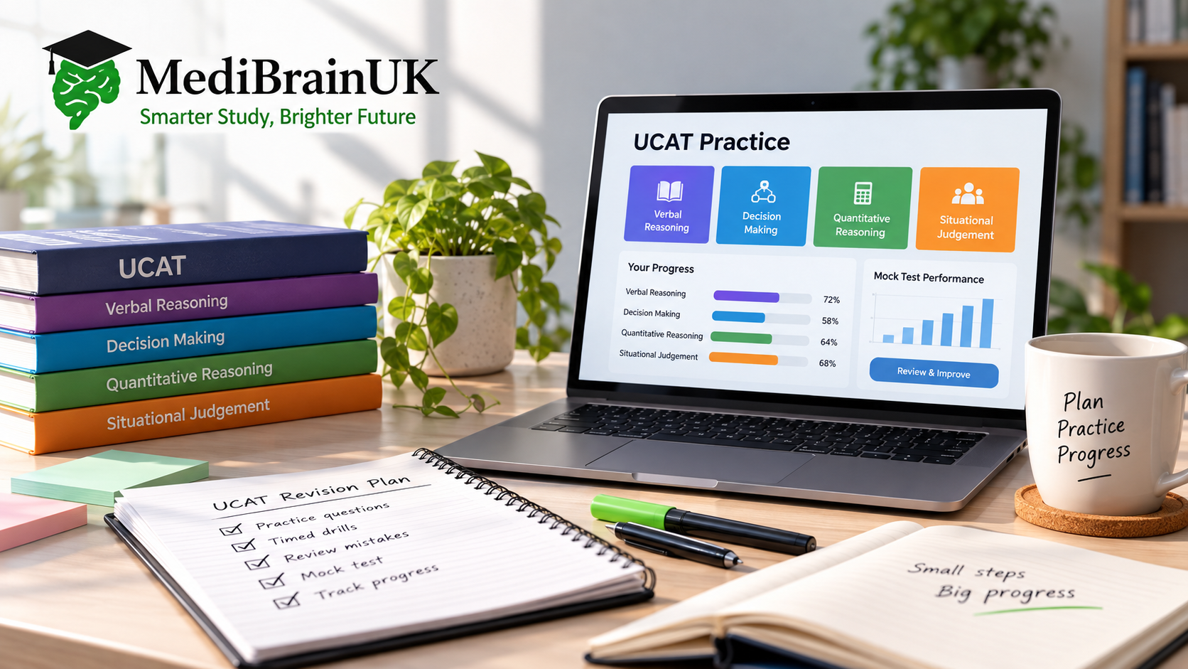 UCAT study desk with a plan, practise and progress revision theme