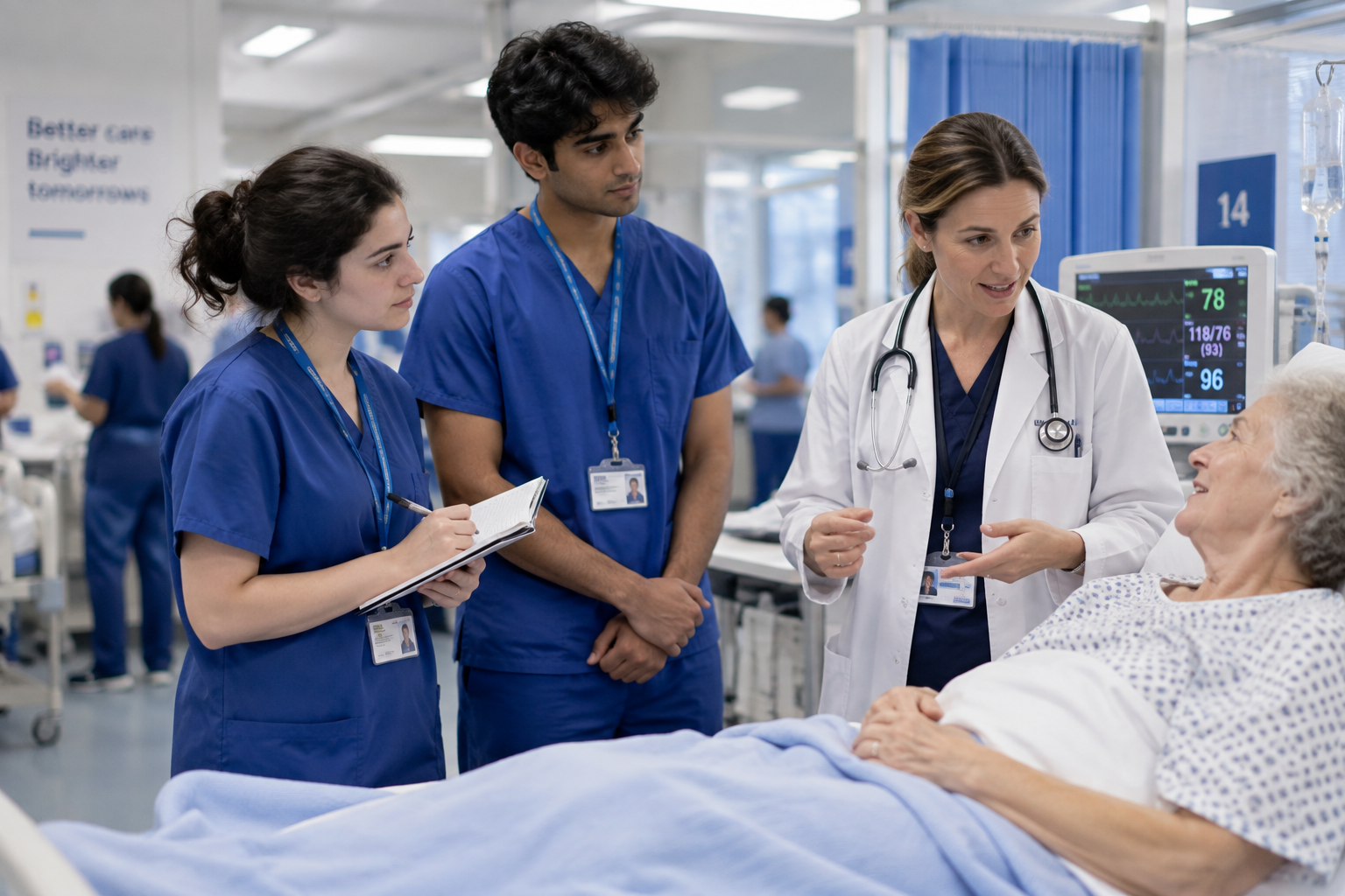 Students observing a doctor speaking with a patient during medicine work experience on a hospital ward